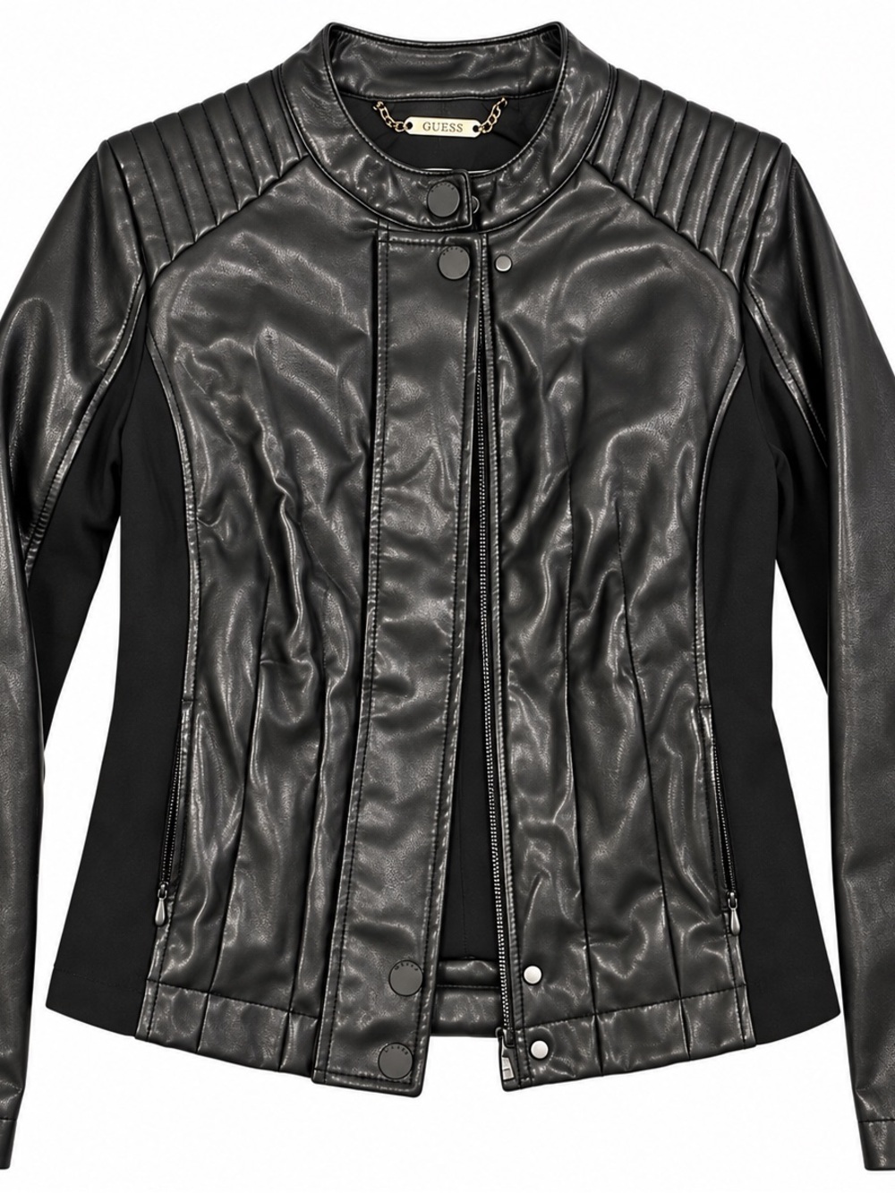 GUESS Black Faux Leather Moto Jacket with Quilted Shoulders